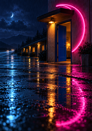 Rainy nighttime motel entrance with an ajar blue door, amber lights, magenta neon arc, and colorful reflections on wet pavement.