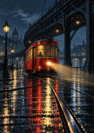 A red streetcar with a bright headlamp rounds wet reflective rails beneath an elevated iron viaduct at night.