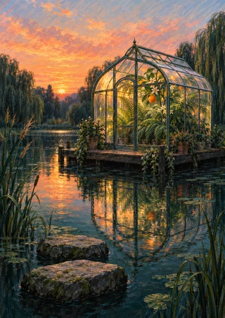 Glass greenhouse filled with greenery above a reflective pond at sunset, with foreground stepping stones and willow silhouettes.