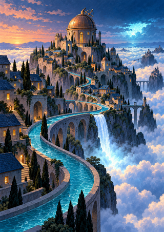 Fantasy settlement on steep cliffs above clouds, with a large observatory dome, tiered buildings, bridges, winding turquoise aqueduct, and waterfall.