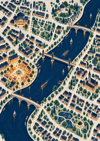Illustrated overhead city map centered on a winding navy river, with three bridges, boats, parks, compact buildings, and a warm market plaza.