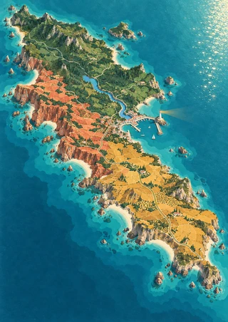 A diagonal fictional island with green, coral, and ochre terrain, winding roads and river, a harbor with boats, and a small lighthouse in turquoise sea.