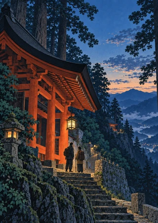 Vermilion mountain shrine beside stone steps, with two travelers, glowing lanterns, cedar trees, and distant blue-hour ridges.