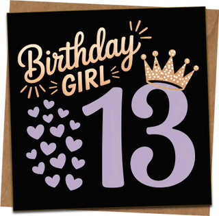 13th Birthday Card for Girl – Cute Crown and Hearts, Black and Lilac Square 145mm x 145mm, Birthday Girl Design, Includes Kraft Envelope for Teen Daughter Granddaughter