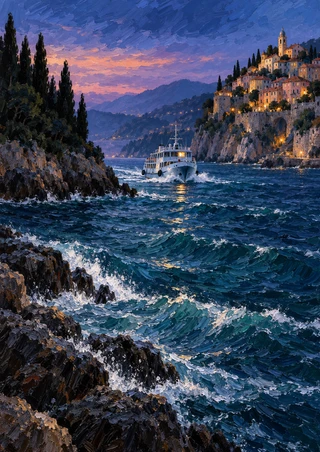 White passenger ferry crossing choppy teal water toward an illuminated cliffside village at twilight, framed by a cypress-covered point.