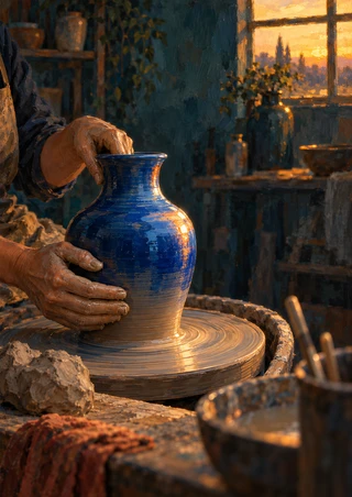 Hands steady a vivid cobalt-blue vase on a pottery wheel, with clay scraps and tools below and a warm sunset window above.