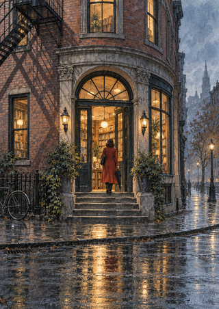 Visitor in a rust-colored coat pauses at a warmly lit rounded bookshop entrance as rain-darkened pavement reflects the doorway.