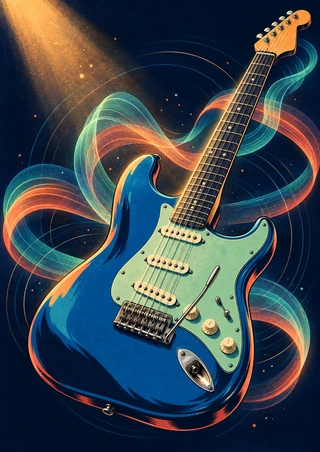 Blue electric guitar surrounded by looping colored ribbons beneath an amber spotlight on a dark background; the body is cropped at the bottom.