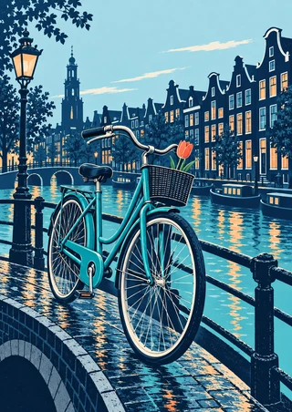 Teal bicycle carrying a coral tulip in its front basket on a curved canal bridge, with boats and narrow waterside buildings behind it.