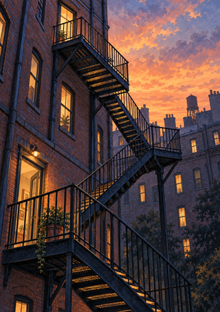 Zigzagging black steel fire escape on a multi-story brick apartment building at dusk, with warm windows, an open lower doorway, potted greenery, and an apricot sky.