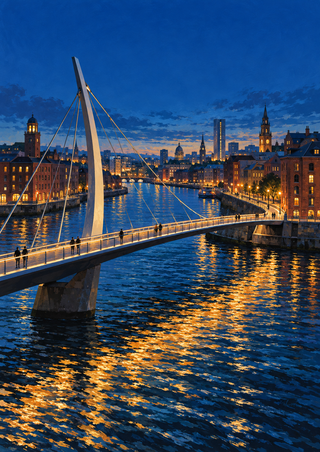 A modern cable-supported pedestrian bridge crosses a dark river between warmly lit buildings at blue hour.