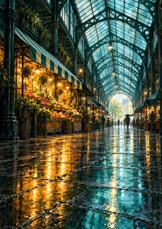 Rain-wet covered city market arcade with an arched glass-and-steel roof, glowing produce stall, striped awning, distant shoppers, and floor reflections.