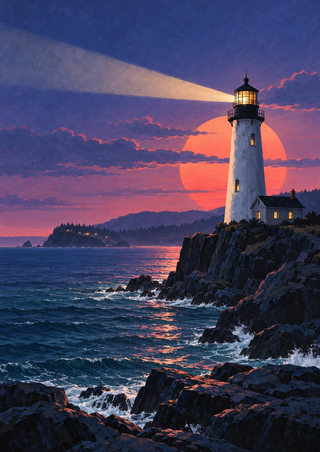 White lighthouse on a rocky headland casting a broad beam over a dusk bay, with a coral-pink sun and lit windows.