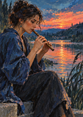 Woman in a dark jacket plays a flute beside a river, with reeds, distant buildings, and a vivid sunset reflected in the water.