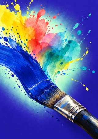 Diagonal paintbrush sweeping an ultramarine stroke into overlapping yellow, coral, and turquoise pigment washes on a blue-violet background.