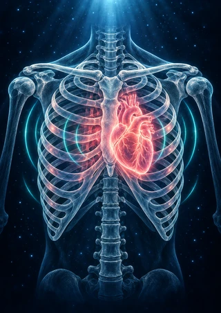 Luminous coral-pink heart within a pale cyan human rib cage, with turquoise arcs against dark blue space.