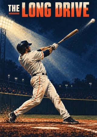 Baseball batter in a high swing follow-through as the ball rises into stadium light, with THE LONG DRIVE lettering.