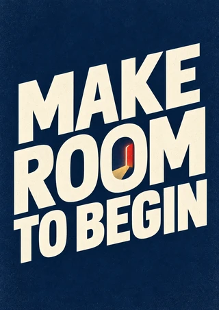 Cream MAKE ROOM TO BEGIN lettering rises across an indigo background, with a glowing red doorway and gold path inside the O of ROOM.