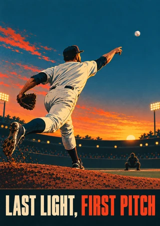 Baseball pitcher in a white uniform following through toward a distant catcher, with the ball high in the teal-and-orange dusk sky and a title band below.
