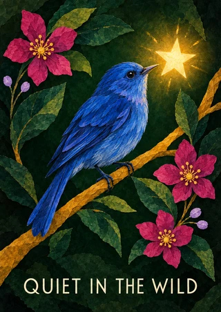 Blue songbird perched on a golden branch facing a glowing five-point star, surrounded by flowers and foliage, with “QUIET IN THE WILD” below.