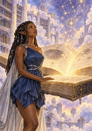 Pointed-eared woman in a blue dress beside a glowing open book in a cloud-filled fantasy library.