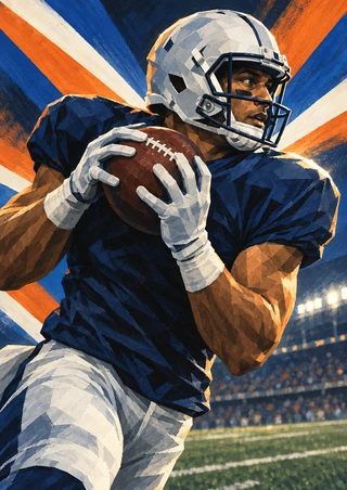 Helmeted American-football player in a dark navy uniform holding a brown football at the chest with both gloved hands, against blue, orange, and white bands.