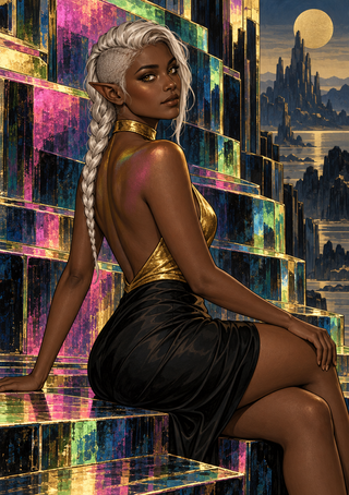 Dark-skinned elf woman with a white braid sits on multicolored reflective steps beneath a moon, with a spired city in the distance.