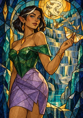 Pointed-eared woman in geometric green and lavender clothing holds a moth beneath a golden disk, with more moths and angular waterways behind her.