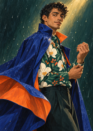 Young man in a cobalt cape with orange lining and a floral green shirt, glancing over his shoulder against a teal background.