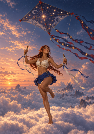 A red-haired elf-like woman holds the lines of a large glowing constellation kite above clouds, with ribbons trailing from the kite.
