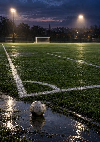 Football resting in a reflective puddle on a dark, rain-wet pitch at dusk, with white field lines, a distant goal, and floodlights.