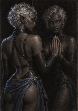 Pale-haired pointed-ear figure facing a darker mirror-like double, their hands meeting at the center.