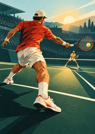 Two tennis players rally on a deep green court, with a foreground player reaching toward a yellow ball and a second player beyond the net.