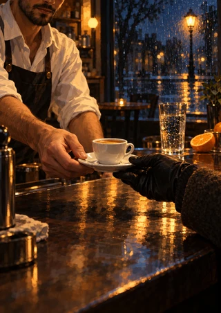A bearded barista passes an espresso cup and saucer to a customer's gloved hand across a reflective counter beside a rainy window.