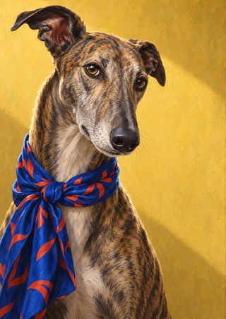Chest-up portrait of a brindle greyhound wearing a blue scarf with orange-red abstract shapes against a warm yellow wall.