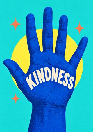 Cobalt-blue open hand with KINDNESS written across the palm, backed by a yellow circle on turquoise with three coral spark shapes.