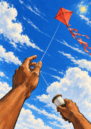 Red-orange kite with streamers flying through a blue, cloud-streaked sky above two hands holding a line and spool.