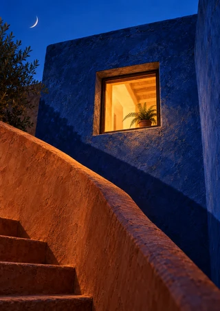 Warm glowing square window with a potted fern in a deep blue wall above curved terracotta stairs, with a crescent moon.
