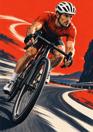 Helmeted road cyclist leaning into a sweeping bend, with a large foreground wheel, curved road markings, and a distant landscape.