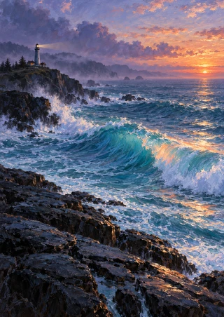 Small lighthouse on a rocky headland above a large foaming turquoise wave, with a low peach-gold sunrise on the horizon.