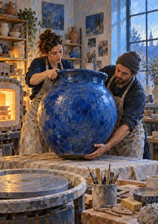 Two adult pottery artists steady a large blue vessel in a busy studio lit by a glowing kiln and a tall window.