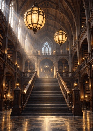 Empty library hall with a broad central staircase, tall book-lined galleries, vaulted ceiling, and two glowing lanterns.
