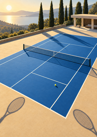 An empty blue tennis court with white lines, a net, a yellow ball, cypress trees, and a low pavilion in sunlight.