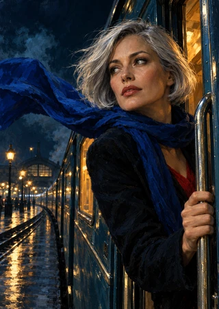 An adult woman with a short silver-gray bob grips a train doorway rail as her dark blue scarf streams left, with amber station lights and wet tracks behind her.