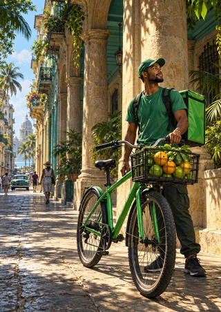A green-clad courier stands beside a bright green bicycle with a citrus-filled basket in a sunlit stone arcade.