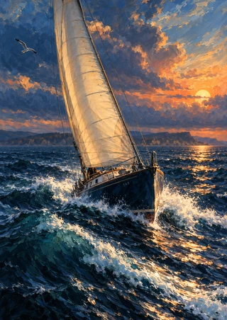 Cream-sailed boat leaning through dark foaming waves at sunset, with a seabird and distant coastline.