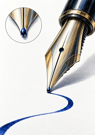 Oversized metal fountain-pen nib drawing a curved blue ink line on white paper, with a circular close-up inset.