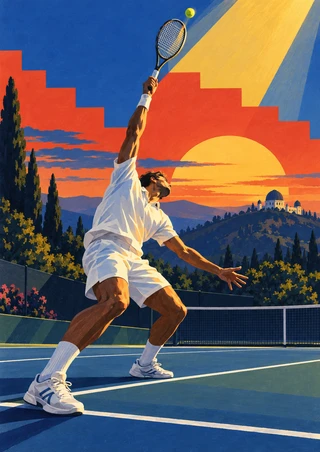 Full-figure tennis player in white serving overhead on a blue court beneath a large geometric orange and golden sunset.