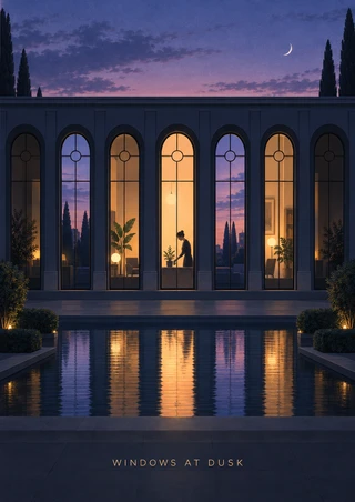 Nighttime illustration of seven arched windows glowing amber and apricot, with a small person beside a plant in the central window and a reflecting pool in the foreground.