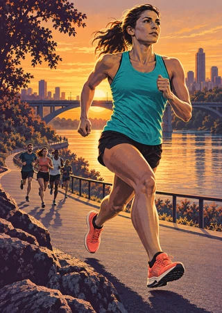 Woman in a teal running top leads a group along a riverside path at sunrise, with a bridge and distant city skyline.